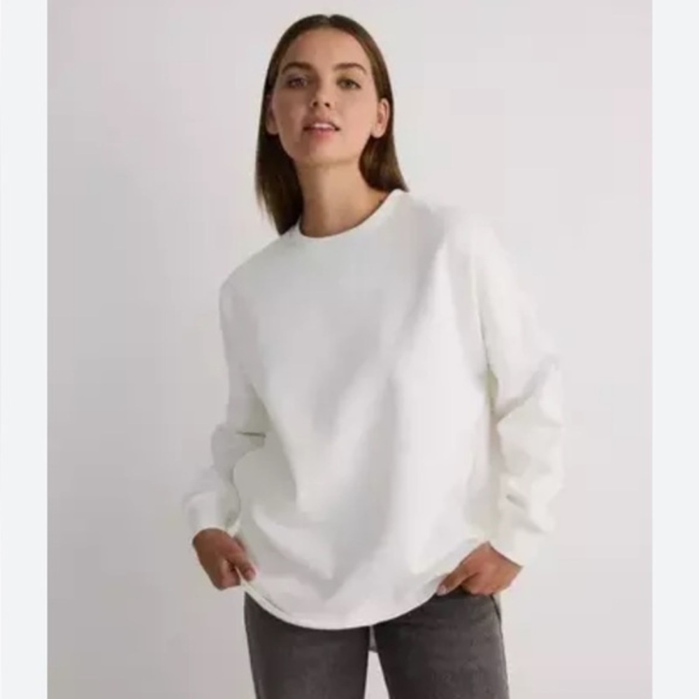 Oversize White Cotton Crewneck sweatshirt Fringe Trim On Arms Athleisure Size L